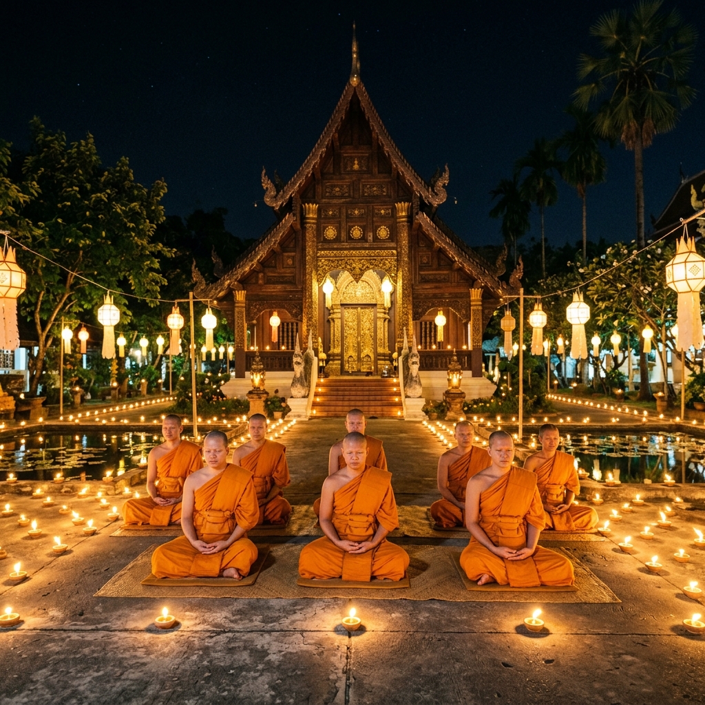 Monks Meditating under Candles