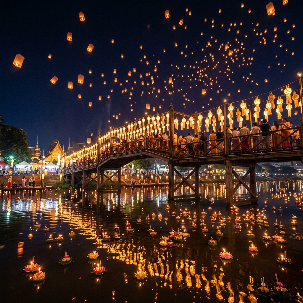 Sky lanterns over the Ping River
