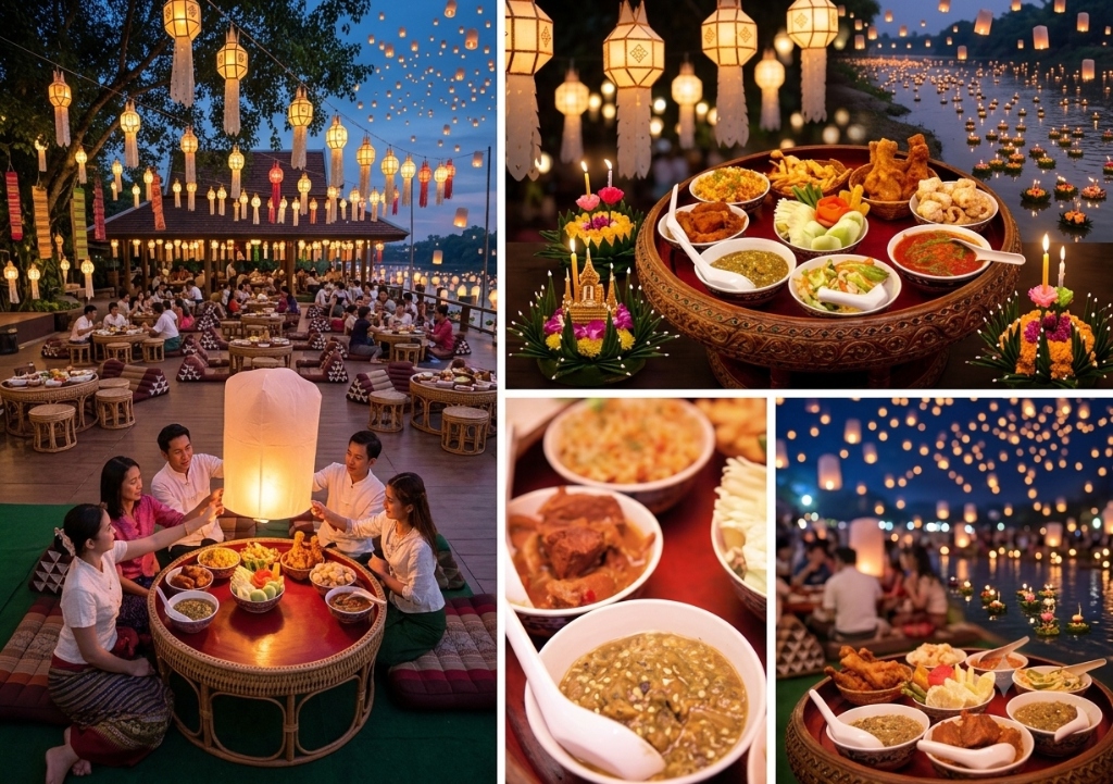 Traditional Lanna Khantoke dinner food collage
